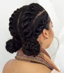 Braided Natural Hairstyle with Two Low Buns